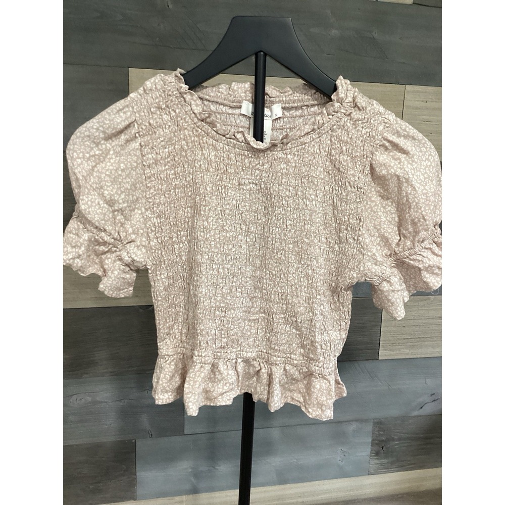 Urban Romantic Womens Small Beige Smocked Puff Sleeve Cropped Babydoll Blouse